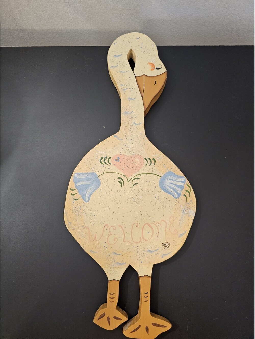 Vintage Hand Painted Wooden Country Goose “Welcome” Wall Hanging Sign